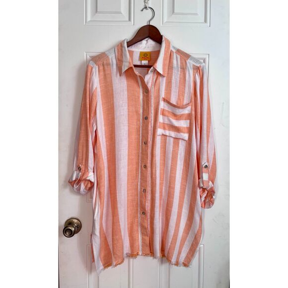 Ruby Rd. Tops - Ruby Rd petite orange/white striped linen button down blouse large